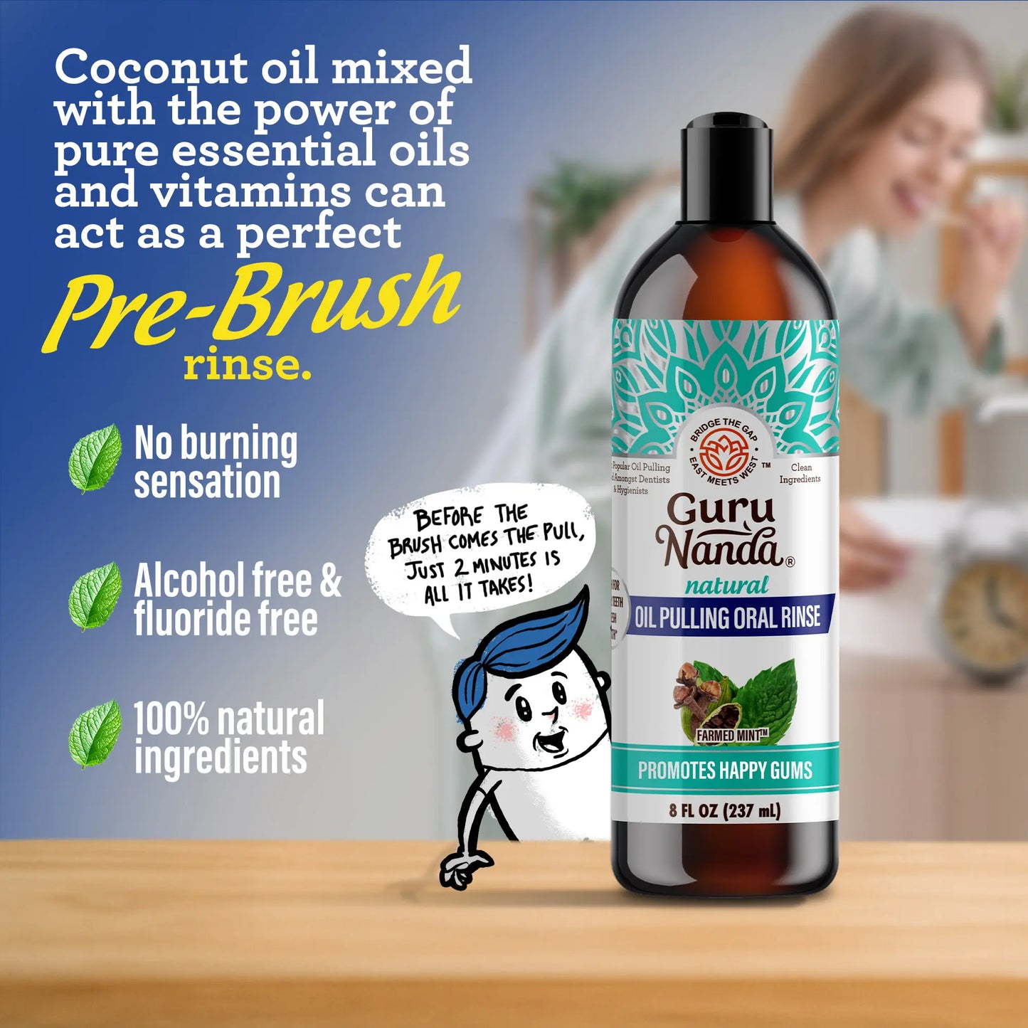 Gurunanda Cocomint Pulling Oil with 7 Essential Oils & Vitamins D, E & K2 - 8 Oz